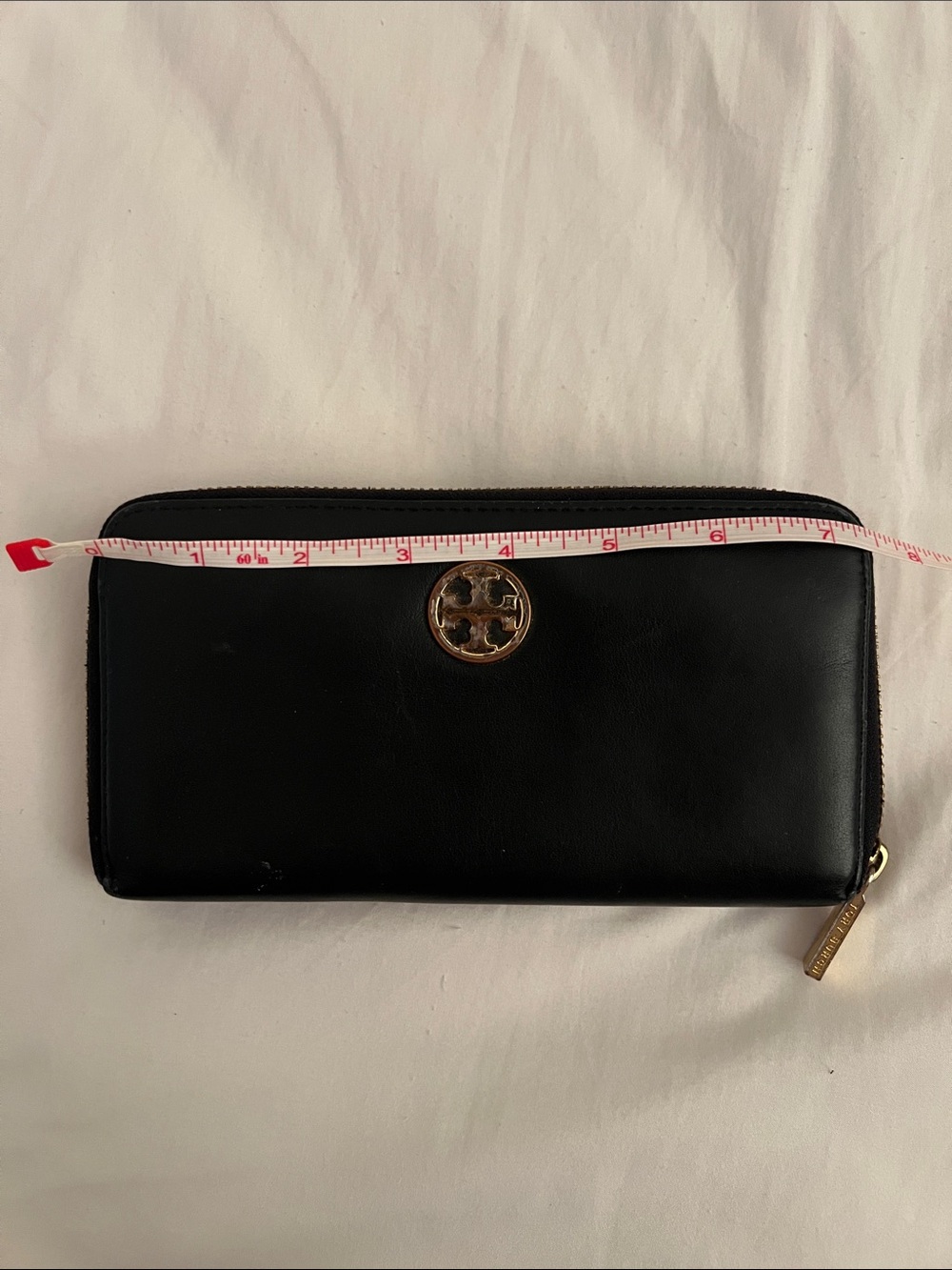 Tory Burch Black Leather Zip-Around Wallet with Gold Logo